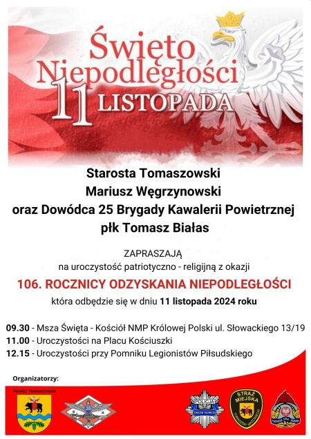 Zaproszenie na uroczystości 11 listopada